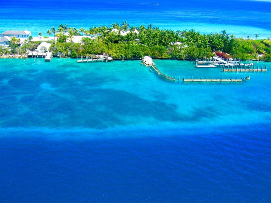 Aerial view of Nassau, Bahamas, and its bright blue harbor