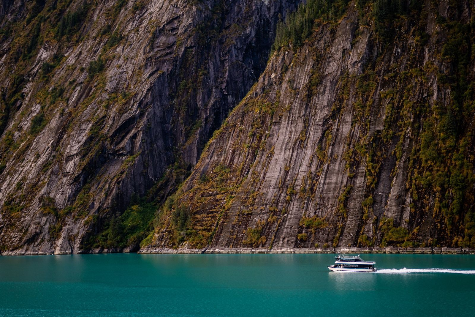 Small cruise boat sailing through a steep-walled Alaskan fjord